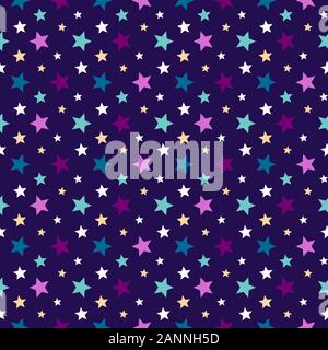 Night Stars Multi-Colored Background. Bright Gift Wrapping Festive Paper. Seamless Colorful Vector Pattern. Stock Vector