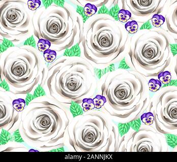 White Rose And Violet Flower Vector Pattern. Cite Floral Seamless Background. Elegant Tiffany Cream Roses And Pansies. Wedding Drawn Greeting Card Stock Vector
