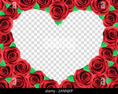 Red Rose Heart Photo Frame. Floral Top View Flat Lay Picture Frame. Elegant Vintage Roses With Leaves, Transparent Background. Love Greeting Anniversa Stock Vector