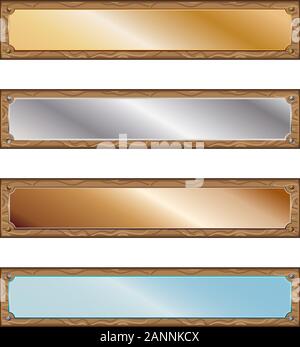 Various metallic plates with rivets and wooden frame on white background. Stock Vector