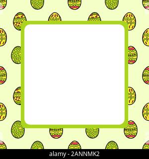 Easter square frame with eggs print. Green holidays background. Vector doodle outline illustration. Copy space.Place for text.Design scrapbooking,invi Stock Vector
