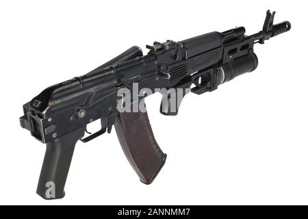 modern kalashnikov 5.45 mm AK 74M assault rifle with 40 mm underbarrel grenade launcher isolated on white background Stock Photo