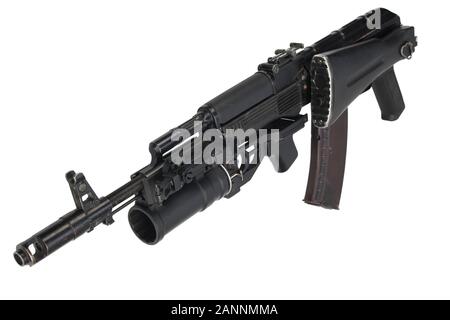 modern kalashnikov 5.45 mm AK 74M assault rifle with 40 mm underbarrel grenade launcher isolated on white background Stock Photo