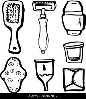Eco set for girl.Female ecology accessories in doodle style isolated on white background.Zero waste. Wooden comb,shaving machine,glass jar,reusable ga Stock Vector