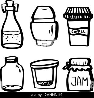 Eco set. Reusable jars of food storage containers in doodle style isolated on white background. Zero waste. Vector outline illustration. Concept of re Stock Vector