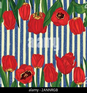 Greeting background with Spring flower tulips bouquet in red and green colors. Horizontal seamless pattern Stock Vector