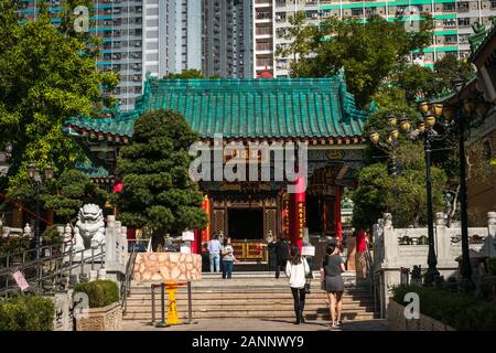 HongKong, China - November, 2019:  Traditional, old Chinese architecture in Wong Tai Sin Temple, a landmark in Hong Kong Stock Photo