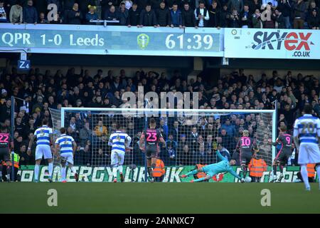 London, UK. 18th Jan, 2020. Queens Park Rangers goalkeeper Liam Kelly saves a penalty from Leeds United forward Patrick Bamford during EFL Skybet Championship match, Queens Park Rangers v Leeds United at The Kiyan Prince Foundation Stadium, Loftus Road in London on Saturday 18th January 2020. this image may only be used for Editorial purposes. Editorial use only, license required for commercial use. No use in betting, games or a single club/league/player publications. pic by Tom Smeeth/Andrew Orchard sports photography/Alamy Live news Credit: Andrew Orchard sports photography/Alamy Live News Stock Photo