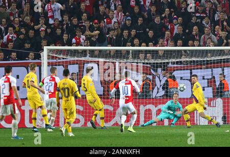 PRAGUE, CZECHIA - OCTOBER 23, 2019: Goalkeeper Marc-Andre ter Stegen of Barcelona (in blue) ready to save the ball during the UEFA Champions League game against Slavia Praha at Eden Arena in Prague Stock Photo