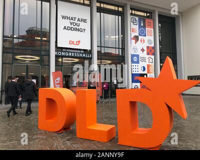 Munich, Germany. 18th Jan, 2020. Letters form the logo and lettering of the DLD (Digital Life Design) innovation conference in front of the Old Congress Hall where the conference is held. Critics of US technology giants have called for a fundamental reorganisation of the digital economy at the DLD's opening event in Munich. (To dpa 'Much criticism of tech giants at the DLD conference') Credit: Roland Freund/dpa/Alamy Live News Stock Photo