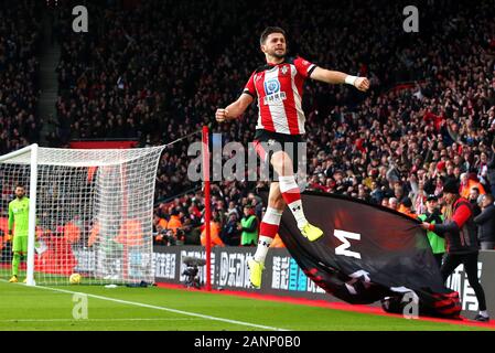 Southampton's Shane Long celebrates scoring his sides second goal during the Premier League match at St Mary's, Southampton. Stock Photo