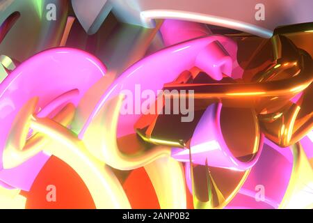 Background abstract, messy colorful string neon grow lights, for design & graphic resource. 3D render. Stock Photo