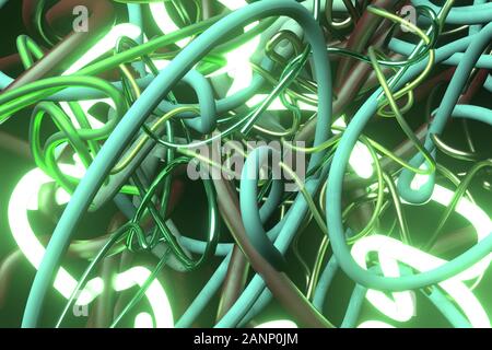 Background abstract, messy colorful string neon grow lights, for design & graphic resource. 3D render. Stock Photo