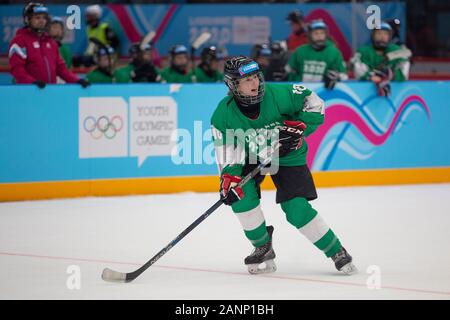 Team GB’s Jessie Taylor (15) competes in the Lausanne 2020 women's Ice Hockey mixed NOC 3 on 3 tournament preliminary round on the 10th January 2020 Stock Photo