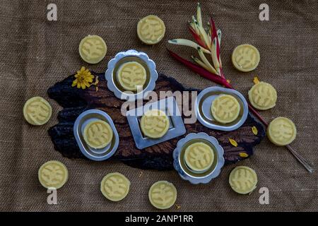 A dish of Delicious Thai Traditional Dessert called Thua Kwan (Mung Bean Cookies), Top view. Stock Photo