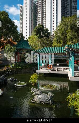 HongKong, China - November, 2019: Traditional Chinese Architecture in Good Wish Garden, Wong Tai Sin Temple in Hong Kong Stock Photo