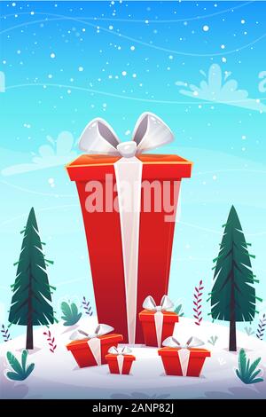 Stack pile of gift boxes at winter snow forest nature background , falling from sky snowflex , fir trees at the meadow. Red presents with ribbon bow , Stock Vector