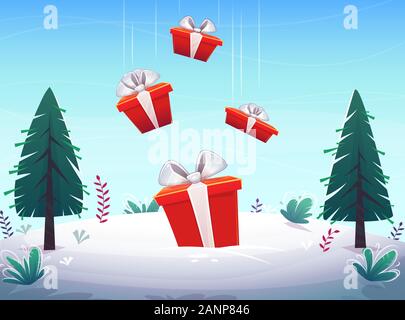 red boxes gifts pour in fall from the sky b background winter snow glade with fly clouds lue sky and fir trees , cartoon style vector illustration Stock Vector