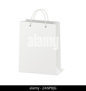 Empty  white shopping paper bag. Isolated vector illustration realistic mock up on white background. Stock Vector