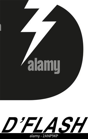 Logo Design Concept with D letter and Thunder Flash Light Icon, black and white Stock Vector