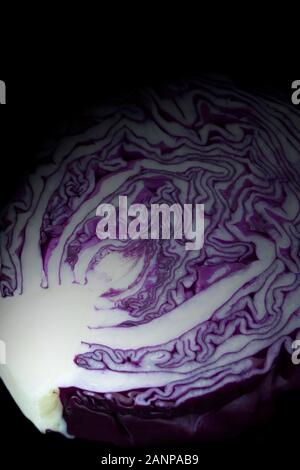 Red cabbage sliced in half isolated on a black background.  With lighting effect. Stock Photo