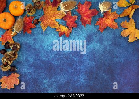 Autumn harvest festival abstract background border composition with food,flowers and leaves on mottled blue grunge. Stock Photo