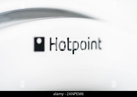 Black Hotpoint logo on a white washing machine Stock Photo