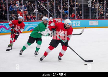 Team GB's Mackenzie Stewart (15) during the men's 3 on 3 Ice Hockey final at the Lausanne 2020 Youth Olympic Games on the 15h January 2020. Stock Photo