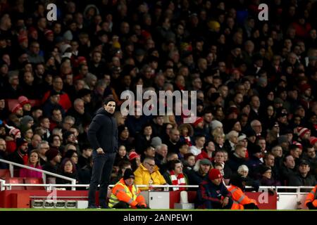 Emirates Stadium, London, UK.18th January 2020; Emirates Stadium, London, England; English Premier League Football, Arsenal versus Sheffield United; Arsenal Manager Mikel Arteta - Strictly Editorial Use Only. No use with unauthorized audio, video, data, fixture lists, club/league logos or 'live' services. Online in-match use limited to 120 images, no video emulation. No use in betting, games or single club/league/player publications Stock Photo