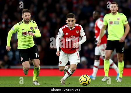 Emirates Stadium, London, UK.18th January 2020; Emirates Stadium, London, England; English Premier League Football, Arsenal versus Sheffield United; Lucas Torreira of Arsenal - Strictly Editorial Use Only. No use with unauthorized audio, video, data, fixture lists, club/league logos or 'live' services. Online in-match use limited to 120 images, no video emulation. No use in betting, games or single club/league/player publications Stock Photo