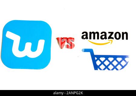 Los Angeles, California, USA - 17 January 2020: Amazon and Wish comparison concept, Illustrative Editorial Stock Photo