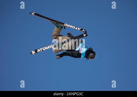 Team GBs Jasper Klien (17) during freeski slopestyle training at the Lausanne 2020 Youth Olympic Games on the 16h January 2020 at Leysin Park & Pipe Stock Photo