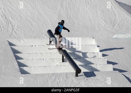 Team GBs Jasper Klien (17) during freeski slopestyle training at the Lausanne 2020 Youth Olympic Games on the 16h January 2020 at Leysin Park & Pipe Stock Photo