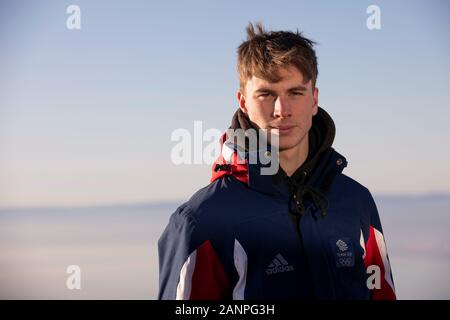 Team GBs Jasper Klien (17) during freeski slopestyle training at the Lausanne 2020 Youth Olympic Games on the 16h January 2020 at Leysin Park & Pipe Stock Photo