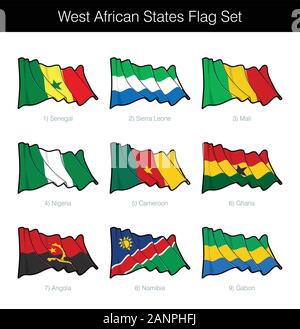 West African States Waving Flag Set. The set includes the flags of Senegal, Sierra Leone, Mali, Nigeria, Cameroon, Ghana, Angola, Namibia and Gabon. V Stock Vector