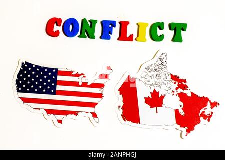 Los Angeles, California, USA - 17 January 2020: USA against Canada conflict concept with national flags, Illustrative Editorial Stock Photo