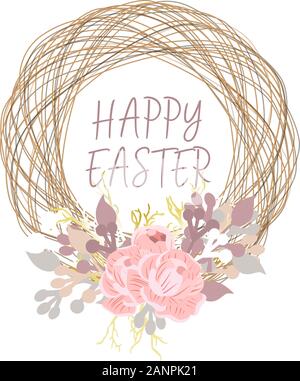 Spring card with place for text. Happy easter Easter background. A wreath of branches. Birdhouse. Golden bows and first flowers .Vector illustration Stock Vector