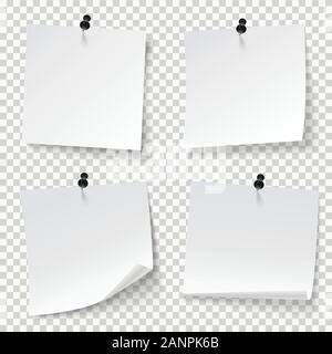 Blank note papers, pinned with a push pin.  Empty white pages. Stock Vector
