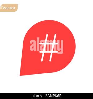 Hash tag icon in red bubble. concept of number sign, social media, micro blogging, web communicate, pr, popularity. isolated on white background. flat Stock Vector