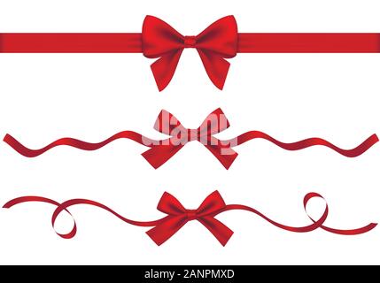 Set of red gift ribbon and bow on white background. Designer holiday decorations. Stock Vector