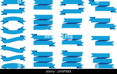 Set of blue ribbons banners on white background. Flat templates and design elements for web banners and ribbons. Stock Vector