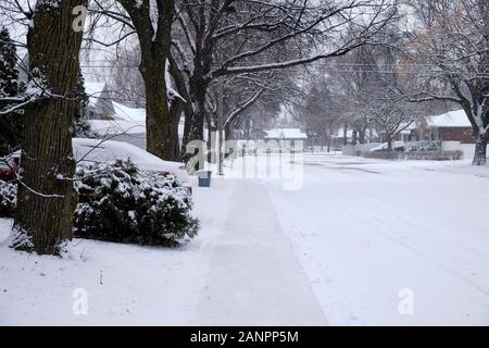 East end Montreal city street  and sidewalk covered in snow during a winter storm  framed by leafless trees Stock Photo