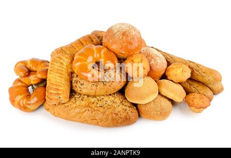 Bread, buns, croissants and other bread products isolated on white background. Stock Photo