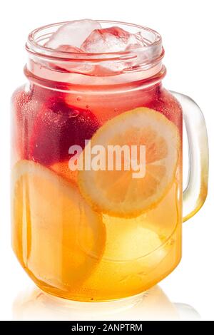 Iced strawberry lemonade in a mason jar, isolated Stock Photo