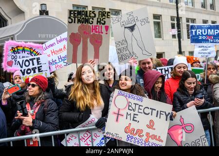 New York, USA,  18 January 2020.  Protesters participate in the 4th annual Women's March in New York City.   Credit: Enrique Shore/Alamy Live News Stock Photo