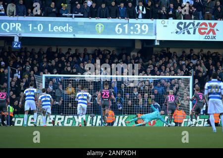 Queens Park Rangers goalkeeper Liam Kelly saves a penalty from Leeds United forward Patrick Bamford (9) during the 2nd half of the EFL Skybet Championship match, Queens Park Rangers v Leeds United at The Kiyan Prince Foundation Stadium, Loftus Road in London on Saturday 18th January 2020. this image may only be used for Editorial purposes. Editorial use only, license required for commercial use. No use in betting, games or a single club/league/player publications. pic by Tom Smeeth/Andrew Orchard sports photography/Alamy Live news Stock Photo