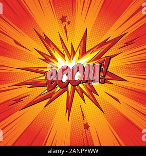 Boom comic text speech bubble. Sound effect bang cloud icon of color phrase lettering. Vector illustration on red background. Stock Vector