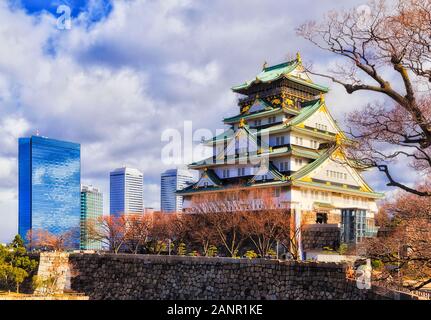 The main keep tower of Osaka castle in city garden over stone walls next to modern urban CBD skyscrapers. Stock Photo