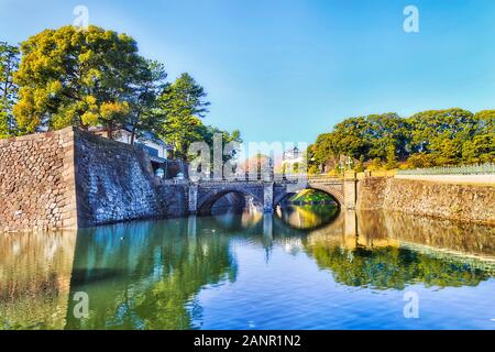 Stone bridge and entrance to the Imperial palace and gardens in Tokyo.Famous stone Nishinomaru gate across water-filled moat on a sunny day. Stock Photo