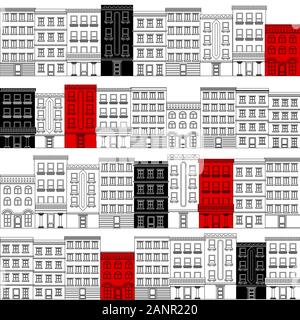 Patern seamless tile cartoon houses street panorama with with roads, windows, doors. Funny minimal flat cityscape Stock Vector
